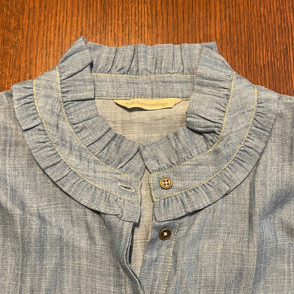 Soft Surroundings Ruffled Collar Chambray Blouse … - image 2